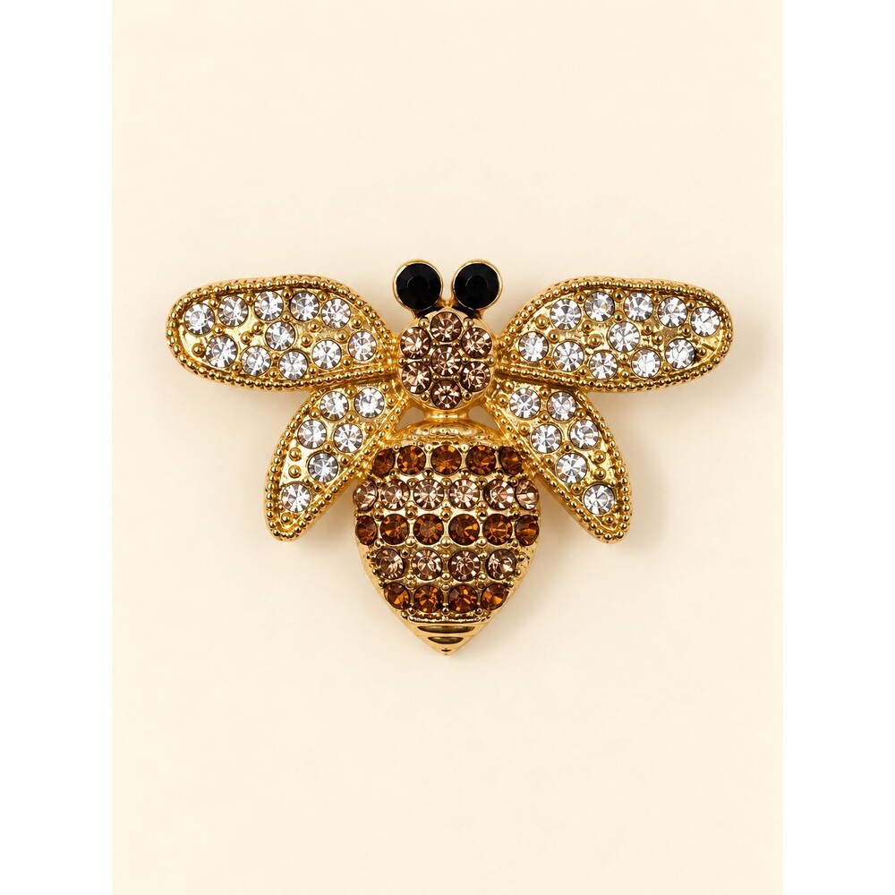 Gold Tone Bee Brooch Pin Clear Amber Rhinestone Crystal Insect Jewelry